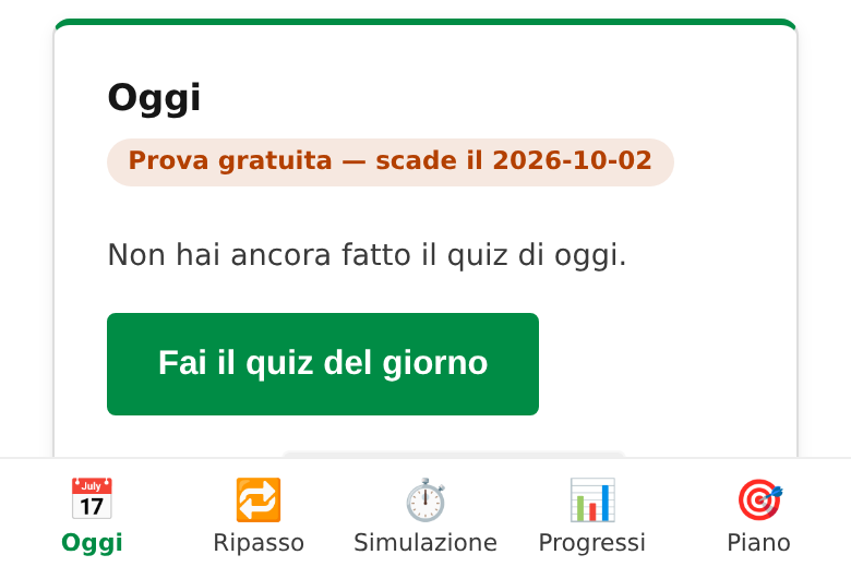 Coach Concorso installata: intestazione in alto e barra di navigazione a schede in basso (Oggi, Ripasso, Simulazione, Progressi, Piano), come un'app nativa